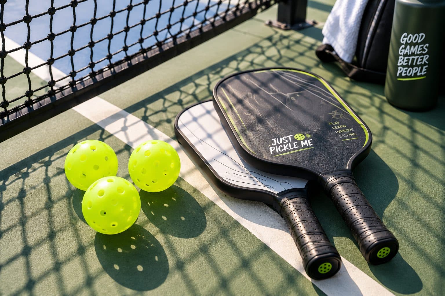 Three pickleballs and two Just Pickle Me paddles on a court line