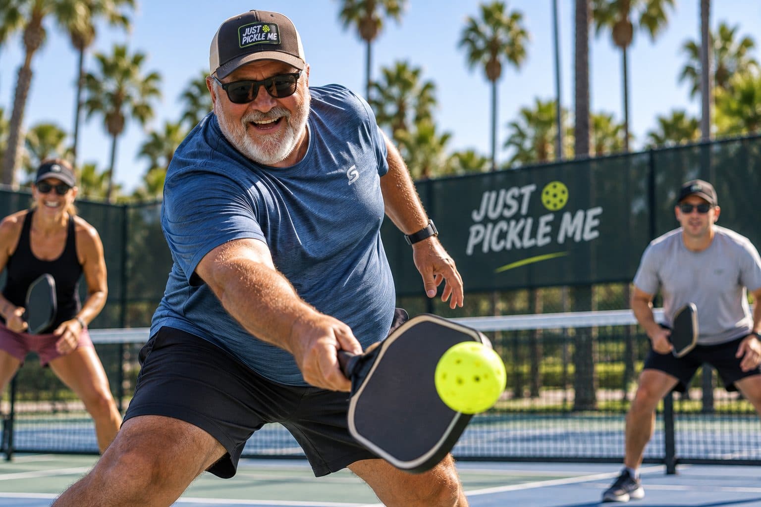 Player in a Just Pickle Me cap reaching for a forehand volley