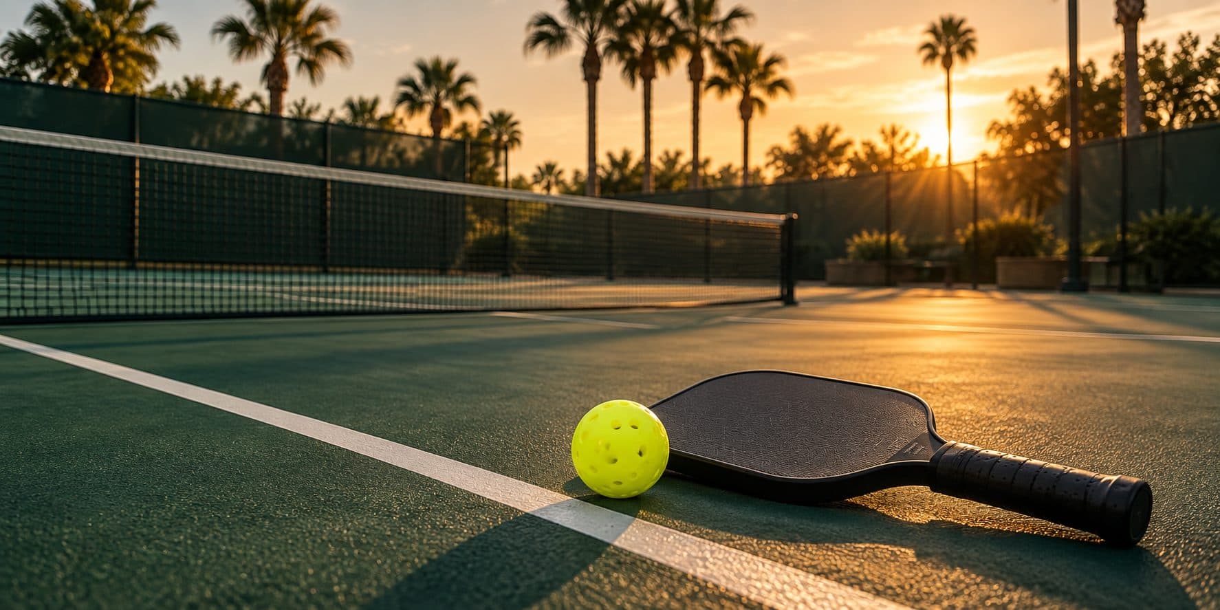 Paddle and pickleball resting on a court line at sunset, palms behind the net