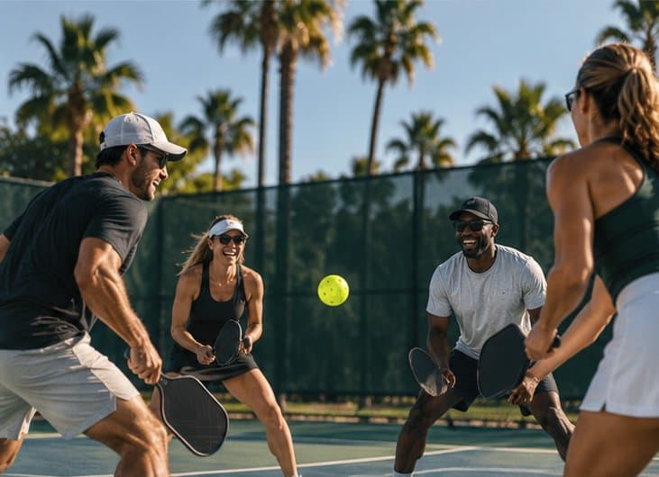 Four players mid-rally on an outdoor court, laughing