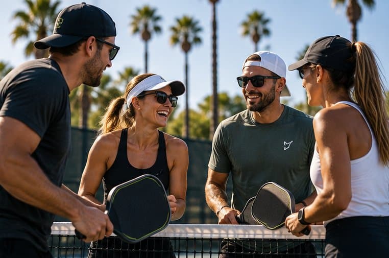 Four players chatting over the net after a game