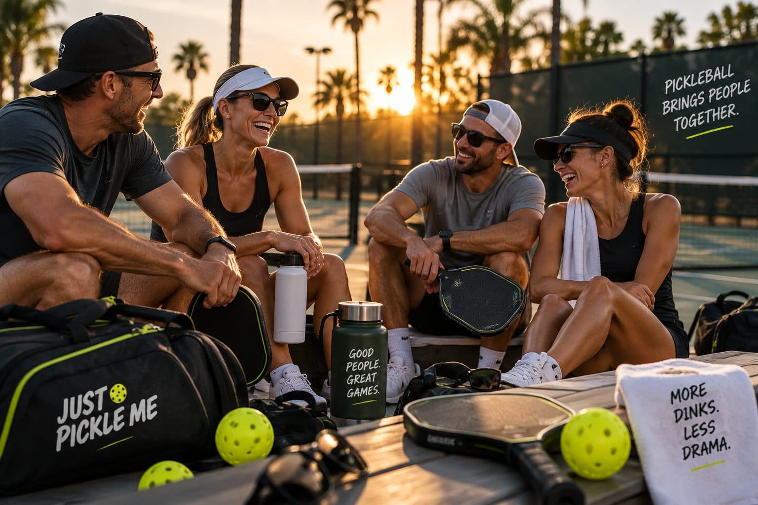 Four friends laughing on a bench beside the court at sunset with Just Pickle Me gear