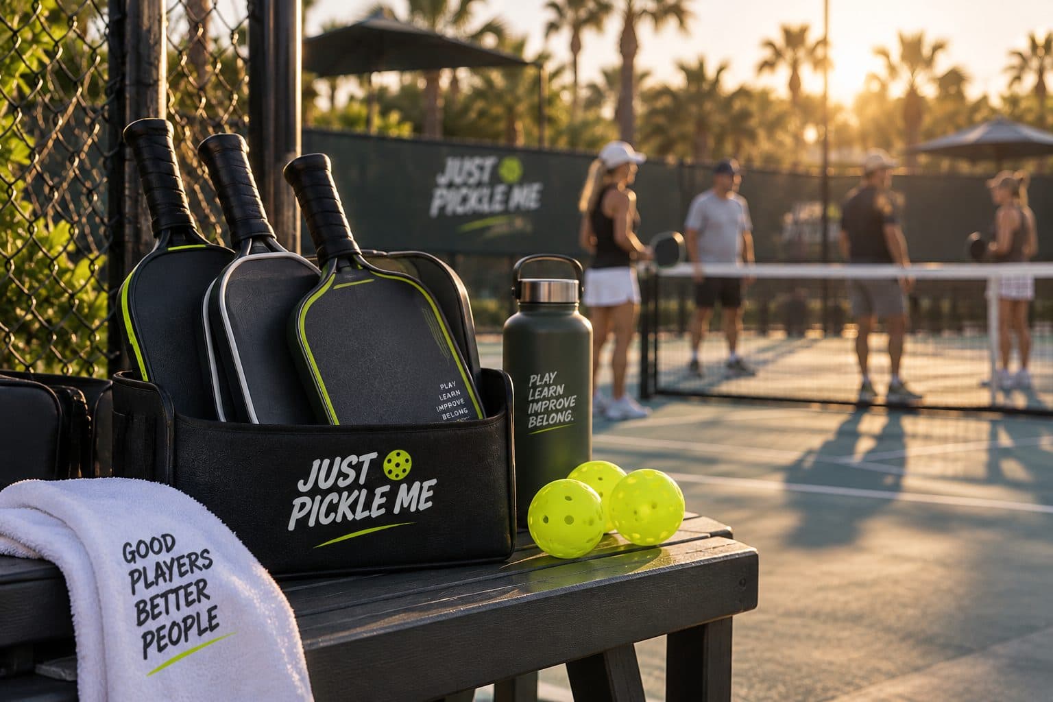 Paddles in a Just Pickle Me bag on a courtside bench with balls and a bottle