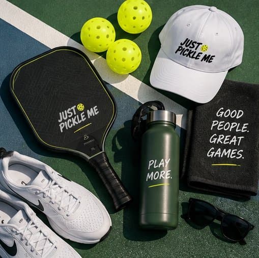 Just Pickle Me paddle, cap, bottle, towel, shoes and balls laid out on a court