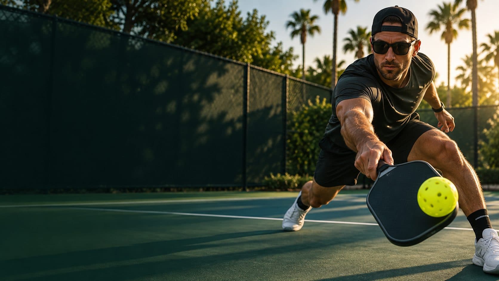 Pickleball player lunging for a low ball on a sunlit outdoor court