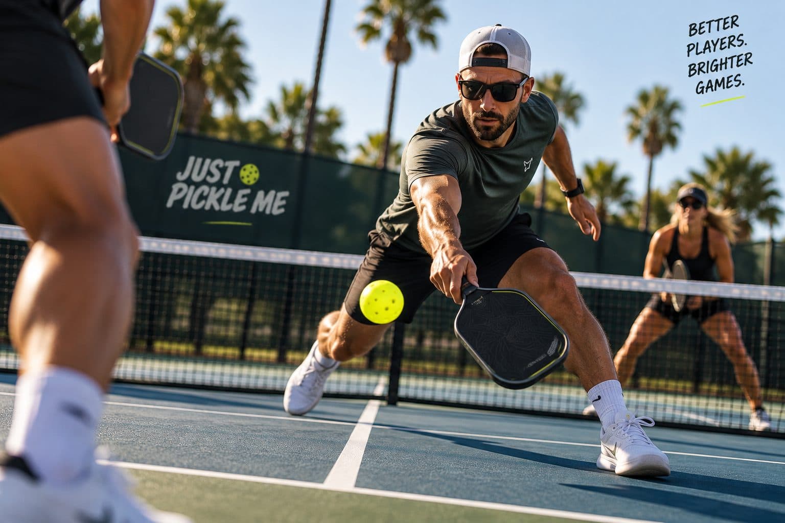 Player lunging for a low volley in front of a Just Pickle Me banner
