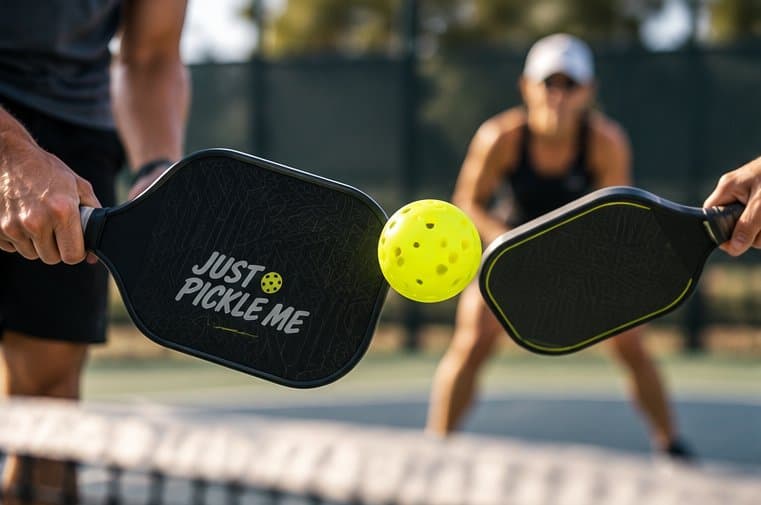 Two paddles meeting over the net with a ball in the air