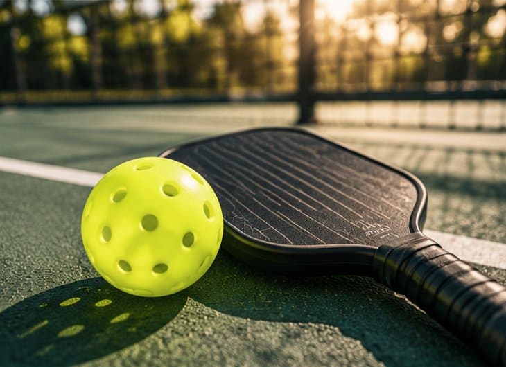 Close-up of a black paddle and a yellow pickleball on a green court