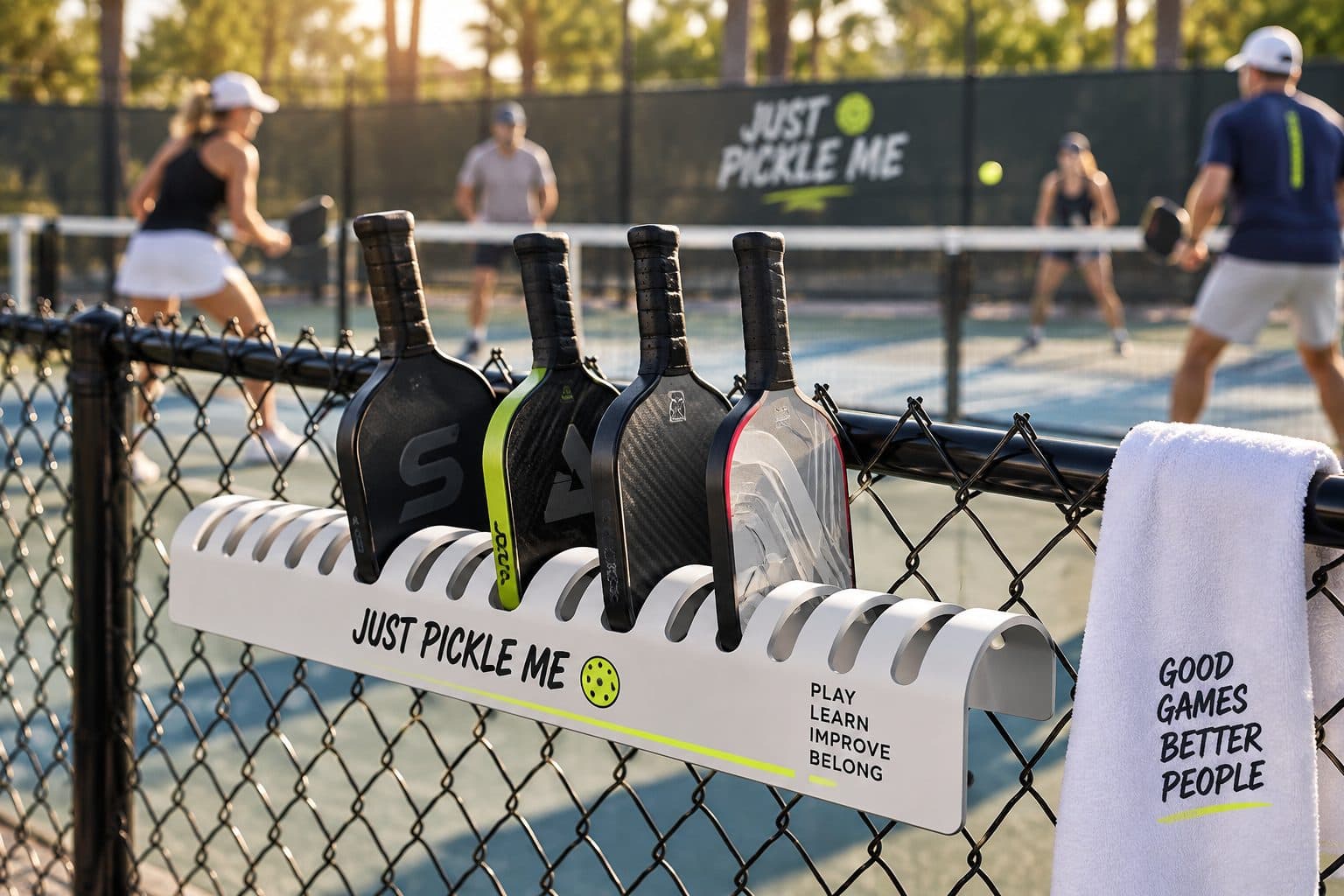 Four paddles lined up in a Just Pickle Me rack on a court fence