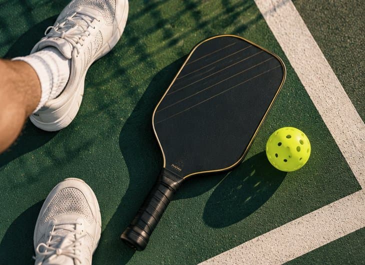 Court shoes, a paddle and a pickleball laid out on a court line