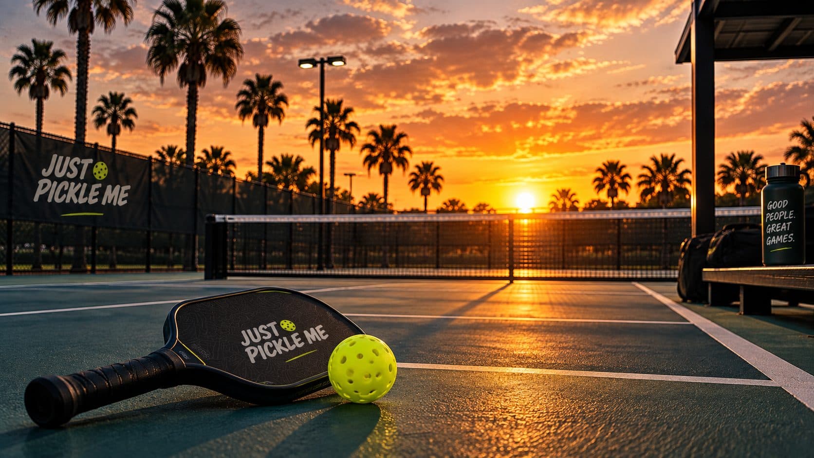 Just Pickle Me paddle and ball on a court at sunset