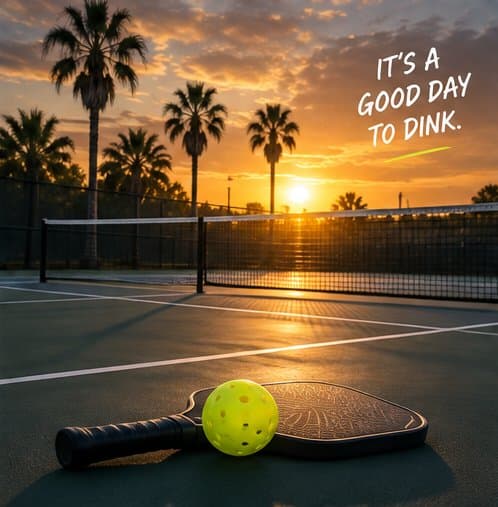 Paddle and ball on a court at sunset with the words It's a good day to dink