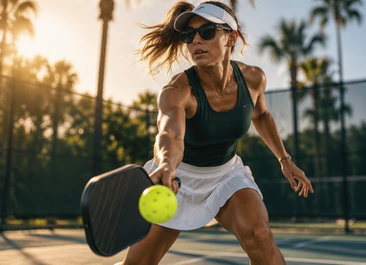 Woman in a visor and sunglasses reaching for a forehand