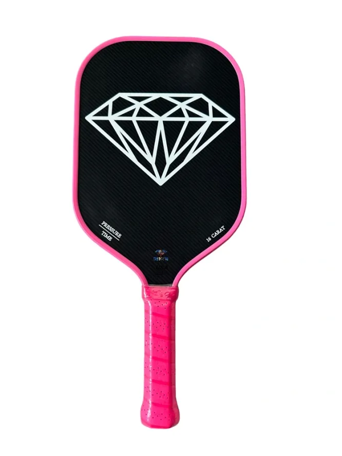 Dymon 16 Carat pickleball paddle, black face with a white diamond and a pink grip